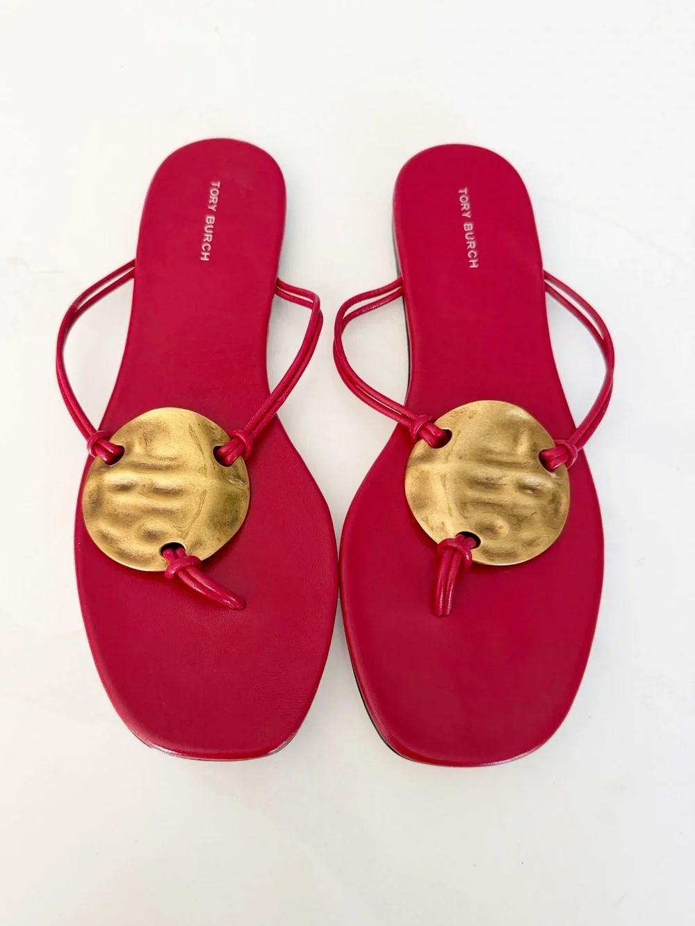 Tory Burch Patos Leather Flat Sandal Red Gold Medallion Sz 9.5 MSRP $238 NEW